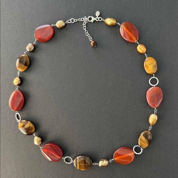 925 Silver Genuine Tigers Eye & Carnelian Stone Necklace w Baroque Pearls - Picture 1 of 8
